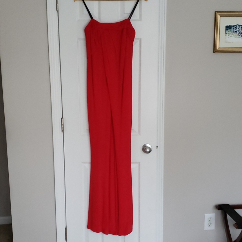 Red floor length evening gown David Meister